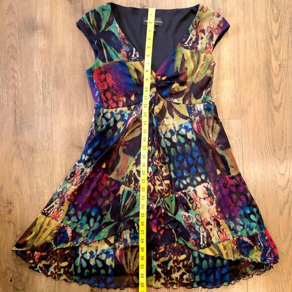 V neck cap sleeve cinch empire bust drop pleats semi sheer layered petite dress - Picture 7 of 7